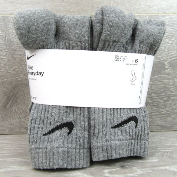 Nike Everyday Cushioned Crew Socks 6 Pack Womens 6-10 / Youth 5Y - 7Y Grey NEW - Picture 3 of 10